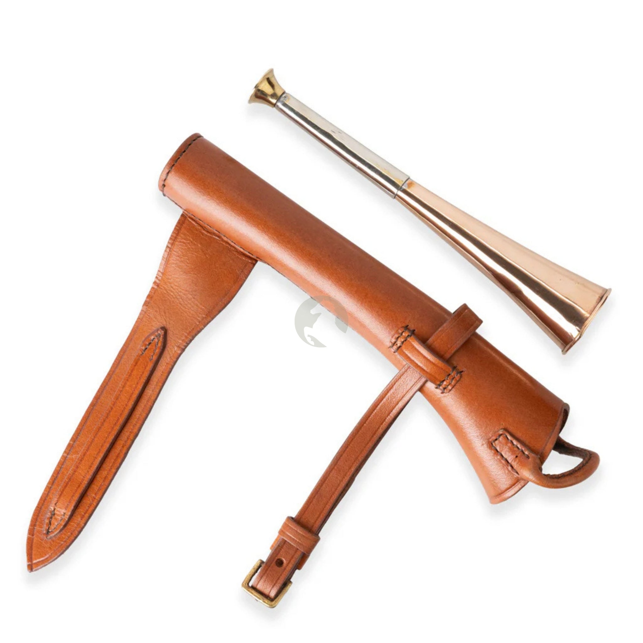 red leather case, fox hunting copper horn, leather case, copper horn, hunting copper horn, Hunting Horn, copper fox hunting horn