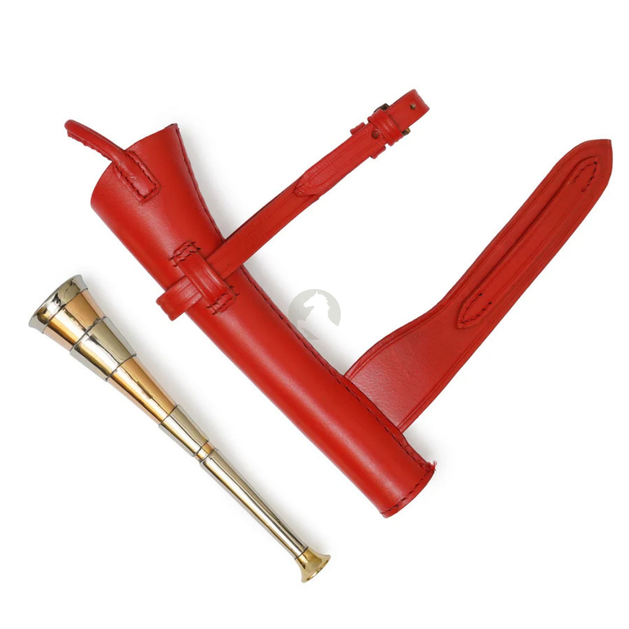 red leather case, fox hunting copper horn, leather case, copper horn, hunting copper horn, Hunting Horn, copper fox hunting horn