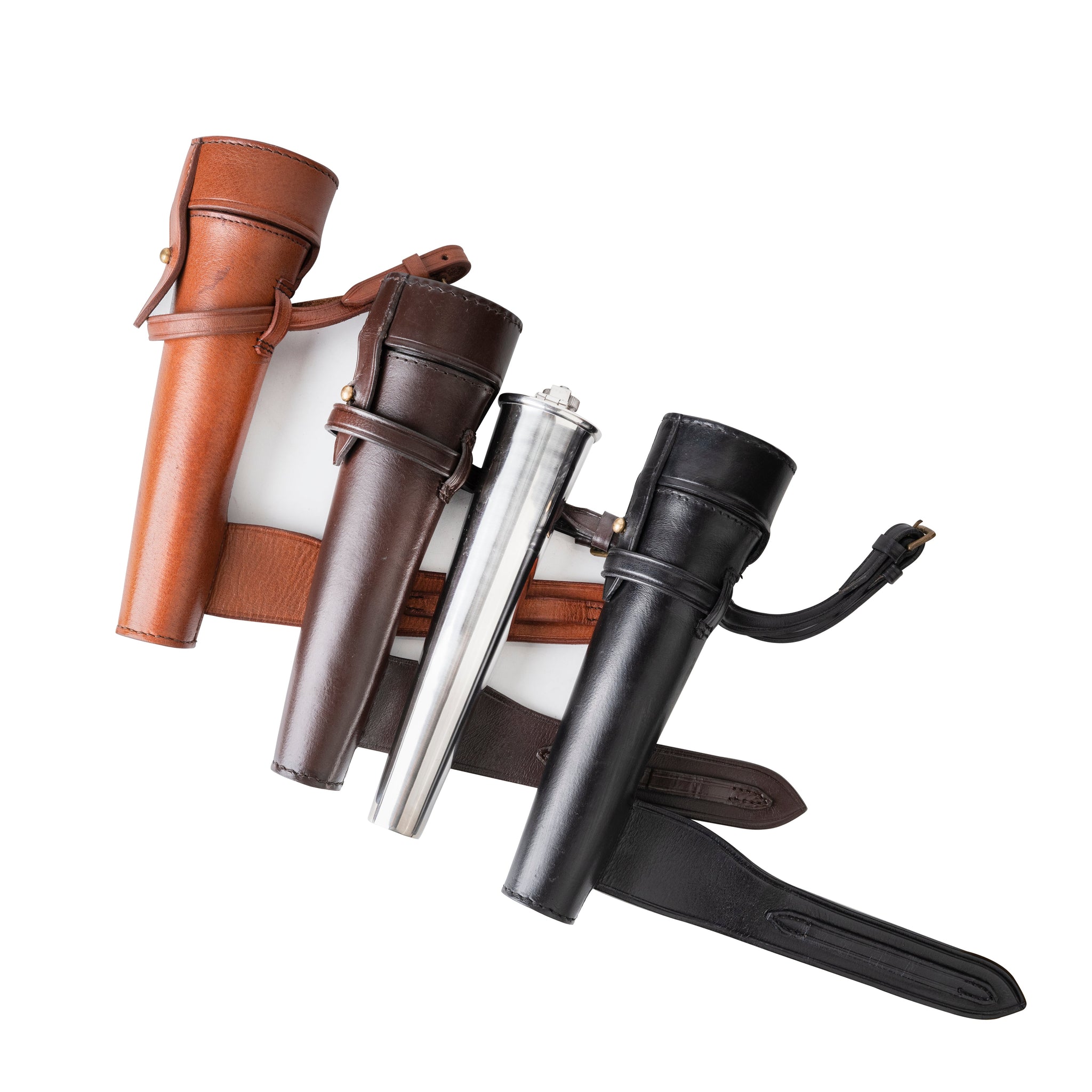 brown leather case, hunting flask bottle