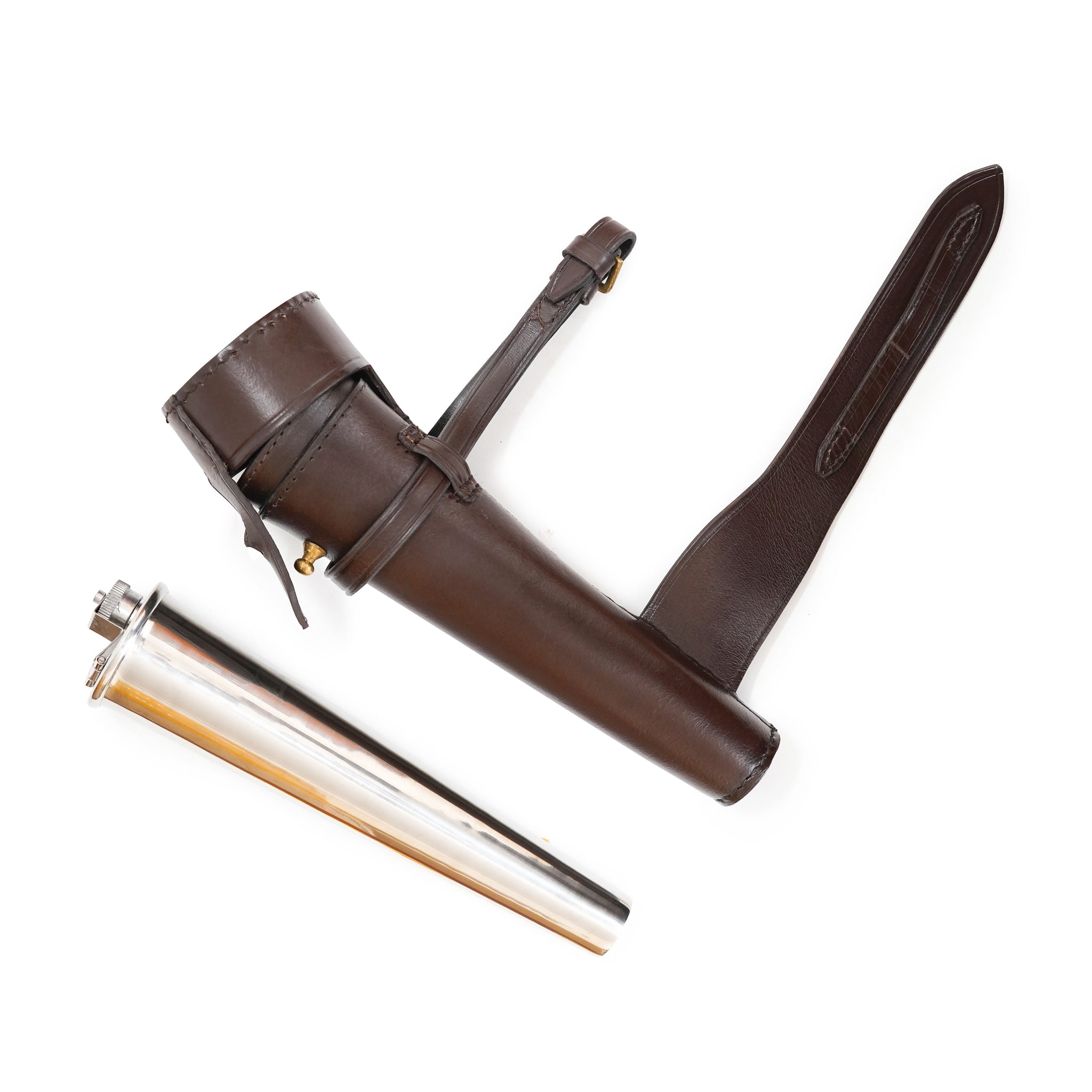 brown leather case, hunting flask bottle